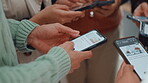 Business people, hands and group with phone for research, data sync or sharing information. Circle, employees or browsing with mobile smartphone in meeting or huddle for app, network or connection