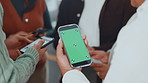 Business people, hands or social network with phone screen or mockup for data sync or sharing app. Group, employees or mobile smartphone display with team for UI, UX or media platform in workplace