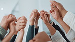 Holding hands, support and business people in office, collaboration and creative project. Group, closeup and employees in workplace, synergy and team building with meeting, company growth and unity