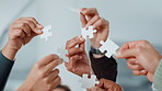 Puzzle, hands and business people in office for collaboration, problem solving or cooperation. Jigsaw, teamwork and group of corporate employees with solution, planning or synergy in workplace.