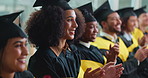 Graduation, applause and group of people at university ceremony for success, education or praise. College, graduate and happy students clapping for achievement, celebration and award accomplishment