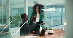 High five, laptop and tablet with business team in office for achievement, growth or strategy. App, computer and goals with employee people in workplace at night for bonus, milestone or success