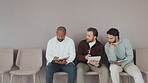 Recruitment, men and tablet with notes in waiting room for interview tips, job info or HR survey. Hiring process, mockup or candidates in row with application help, online resume or vacancy questions