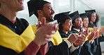 Graduation, applause and happy man at college ceremony for academic success, education or praise. Group, graduate and students clapping for university achievement, celebrate award and excellence