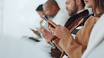 Technology, hands and business people in office for waiting on job interview, meeting or recruitment. Mockup space, talking and group of corporate candidates for hiring or onboarding process in lobby