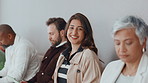 Happy, waiting and face of businesswoman in office for job interview, hiring or recruitment process. Smile, queue and portrait of female corporate candidate with confidence for career opportunity.