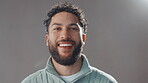 Face, business and man laughing in studio for comedy screenwriter, script author and career pride. Portrait, male director and about us for humor, funny joke and positive attitude on gray background