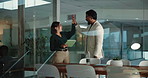 Man, woman and high five with tablet at office for success, motivation and solution at company. Business people, team and support for goals, achievement and happy with celebration at insurance agency