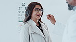 Eye test, fitting or glasses with optometrist and woman in clinic for prescription frame lenses. Eyewear, laughing or vision with client and ophthalmologist in hospital for appointment or help 