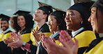 Graduation, applause and group of students at university ceremony for success, education or praise. College, graduate and happy people clapping for achievement, celebration and award accomplishment