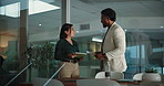 Woman, man and tablet with planning at office with review, insight and results for investment. Business people, financial advisor and broker with tech, app and talk with documents at corporate agency