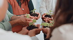 Above, circle and hands of business people with plant for sustainability, climate change and charity. Teamwork, collaboration and workers with sprout for conservation, eco friendly company or support