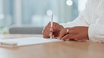 Hands, paperwork and woman with signature on contract for insurance policy, title deed and compliance agreement. Closeup, person and writing on legal document for loan application or settlement deal