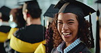Students, happy woman and face at event for graduation, academic achievement or peers applause. University, person and line at award ceremony for acknowledgement, milestone or excited for development