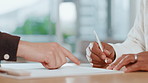 Contract, pointing and signature with handshake of business people in office for agreement or deal. Documents, hiring and onboarding with employee shaking hands in workplace for bonus or promotion