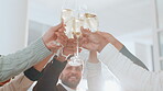 Celebration, hands and toast with business people at office party together for goals or target. Champagne, cheers and glass with employee team in workplace for achievement, milestone or success