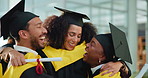 Happy, graduation and students with hug at university for achievement, goal or education success. Celebration, certificate and group of friends embrace for support, award or accomplishment at campus.