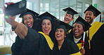Selfie, graduation and students at university for achievement, celebration or education success. Happy, friends and group of people with photography picture for memory together at college campus.