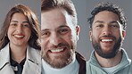 Face, funny and series of happy people in studio for comedy, humor or joking as comic. Excited, laughing and montage with collection of silly model persons on gray background for joyful collage