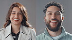 Face, laughing and series of happy people in studio for comedy, humor or joking as comic. Funny, excited and montage with collection of silly model persons on gray background for joyful collage