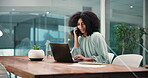Business, woman and laptop with phone call in office for discussion, planning and finance report. Accountant, mobile and pc for communication, contact feedback and review budget for investment offer