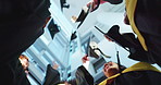 Students, hands and throw hats for graduation, celebration and success with education on stairs. People, group and goals with cap, scholarship and achievement at university campus from low angle