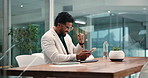 Success, excited or businessman with phone in office for economic report or investment app. Win, good news or financial advisor texting on mobile for deal, email notification or banking profit update