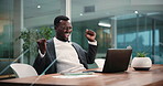 Man, laptop and fist pump at office with success, achievement or good news for promotion at job. African person, financial advisor and celebration with surprise, goals and bonus at investment agency