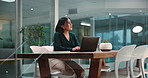 Thinking, employee and woman with laptop, article and proofreading of draft on website and planning. Happy, reporter and person with tech for story, reflection and idea for project on app or magazine