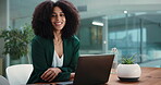 Business woman, laptop and happy portrait in corporate office for management and typing online. African person, technology or HR manager on internet for email, compliance or recruitment search
