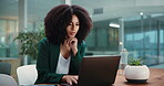 Happy woman, laptop and typing in corporate office for business management and employee benefits. African person, technology or HR manager on internet for email, compliance or recruitment search