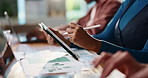 Tablet, pen and hands of businesswoman in office in meeting for writing minutes, notes or summary. Technology, stylus and female administrator with online research for discussion points in workplace.