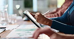 Tablet, stylus and hands of businesswoman for notes in office in meeting for writing minutes or summary. Tech, pen and female administrator with online research for discussion points in workplace.