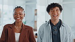 Collage, employees and laughing in office, face and confident for career growth, people or together. Happy, man and woman with pride for opportunity in creative agency, montage and intern with smile