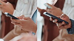 Hands, people and series with phone in office for research, news update and feedback of article. Journalist, team and mobile app to share information, networking and proofreading story of publication