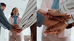 People, series and hands stack in office for success, teamwork and article achievement. Staff, huddle and employees with support for synergy, collaboration and group celebration for story publication