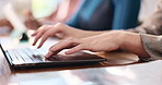 Copywriting, typing and hands of woman on laptop for online report, article review and journalism. Creative agency, professional and business person on computer for editing, research and website blog