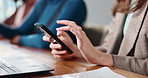 Scroll, phone and hands of business woman in office for social media, internet news and networking. Creative agency, worker and person on smartphone for website, online communication and research