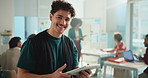 Student, man and face in classroom with tablet, study and research project in exam hall at college. Portrait, happy and person with digital tech, confidence and assessment for education or university