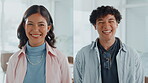Collage, employees and people in office, face and confident for career growth, laughing or together. Happy, man and woman with pride for opportunity in creative agency, montage and intern with smile