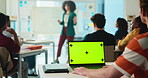 University, students and woman with green screen, laptop and feedback with questions. People, college and lecture with computer, conversation and collaboration with ideas, workshop and education