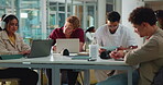 Internship, meeting and research with business people in office for digital agency, feedback and branding. Online campaign, planning and learning opportunity with employees in startup for team