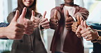Teamwork, business people and thumbs up with hands for success emoji, celebration or good job. Group, office and like hand gesture for collaboration, excellence or vote for best choice with agreement