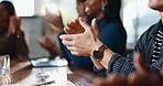 Hands, applause and business person with coworkers, praise or motivation at creative workshop. Clapping, audience or worker with colleagues for success, support or achievement at a design seminar