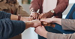 Holding hands, circle and business people in office for teamwork, collaboration and community. Professional, startup company and workers with support for solidarity, cooperation and partnership