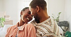 Moving, happy or couple with love in new home for property purchase, mortgage success or security. Goals, laughing or black people with connection in house for bonding together, relocation or support