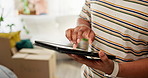 Hands, moving and man with tablet in home for furniture checklist, packing boxes and relocation. Property investment, couple and tech for inventory planning, organize items or immigration preparation