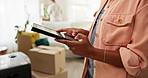 Boxes, person or hands with tablet in new house for interior design, online shopping or choice. Blog, website or homeowner on touchscreen in lounge for search, furniture or moving in for real estate