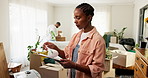 Couple, moving and woman with clipboard in home for furniture checklist, relocation and inventory. Property investment, black people and paperwork for insurance policy, packing boxes and immigration 