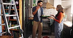 Home, argument and couple with renovation, conversation and fighting in kitchen. People, apartment and man with woman, property interior or disagreement with discussion, angry and conflict with paint